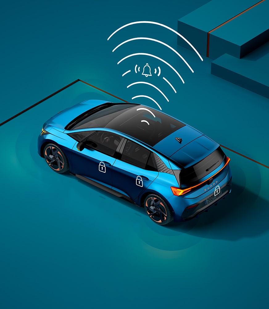 Aurora%20Blue%20-värinen%20CUPRA%20Born,%20jossa%20hälytysjärjstelmä